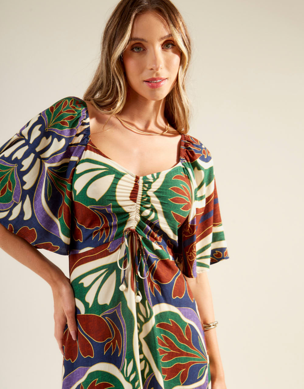 Vestido New Longo Estampado Lenço Laila - Azul Marinho