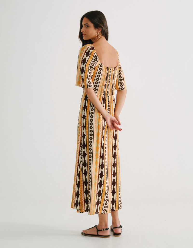 Vestido Midi Estampado Asteca - Areia