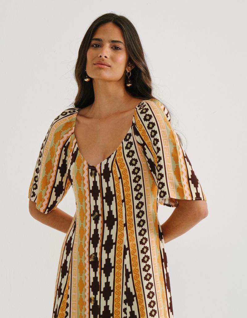 Vestido Midi Estampado Asteca - Areia