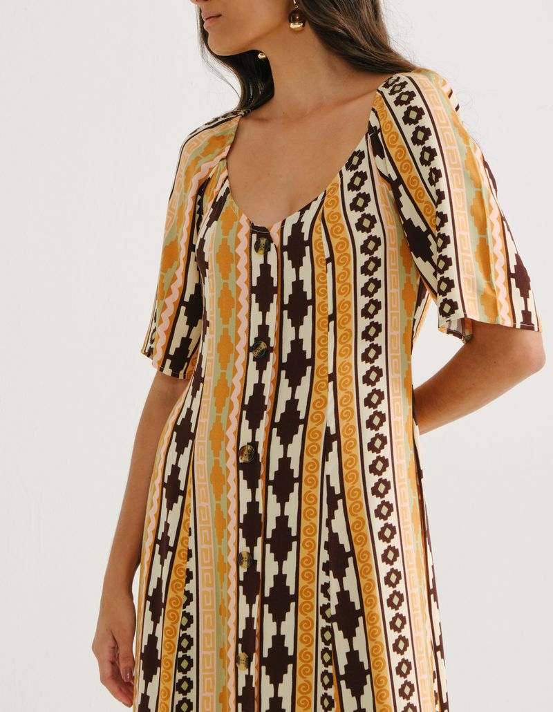 Vestido Midi Estampado Asteca - Areia