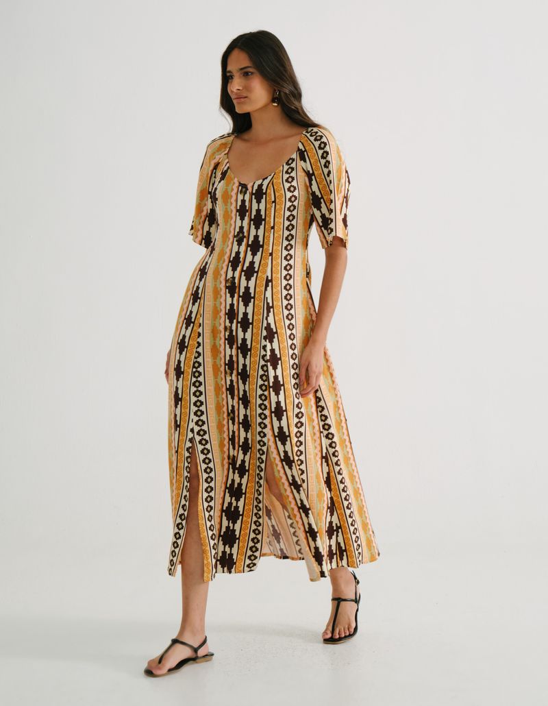 Vestido Midi Estampado Asteca - Areia