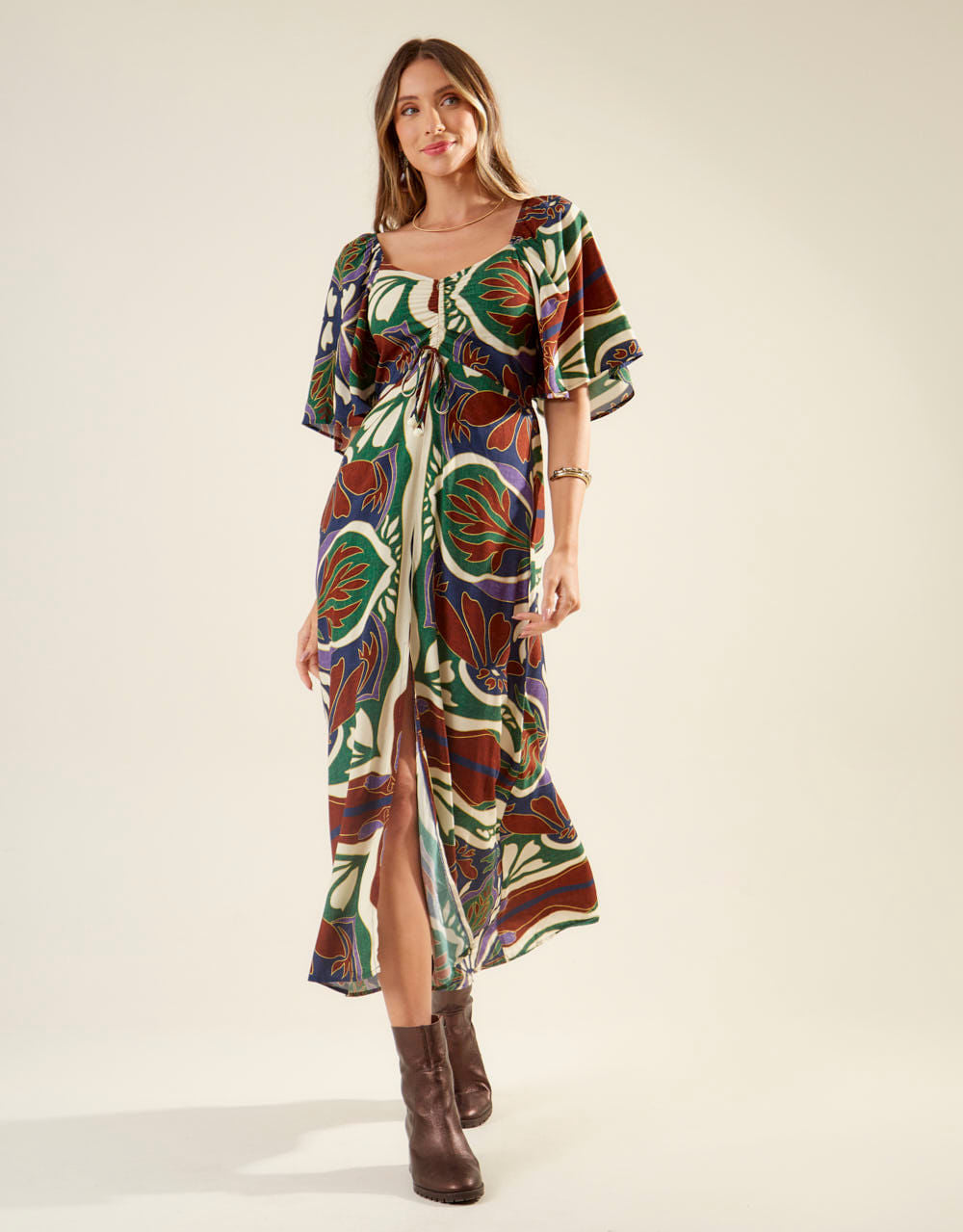 Vestido New Longo Estampado Lenço Laila - Azul Marinho