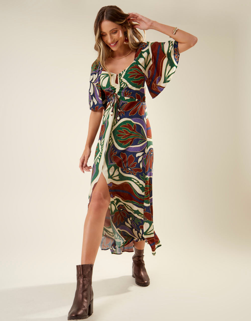 Vestido New Longo Estampado Lenço Laila - Azul Marinho